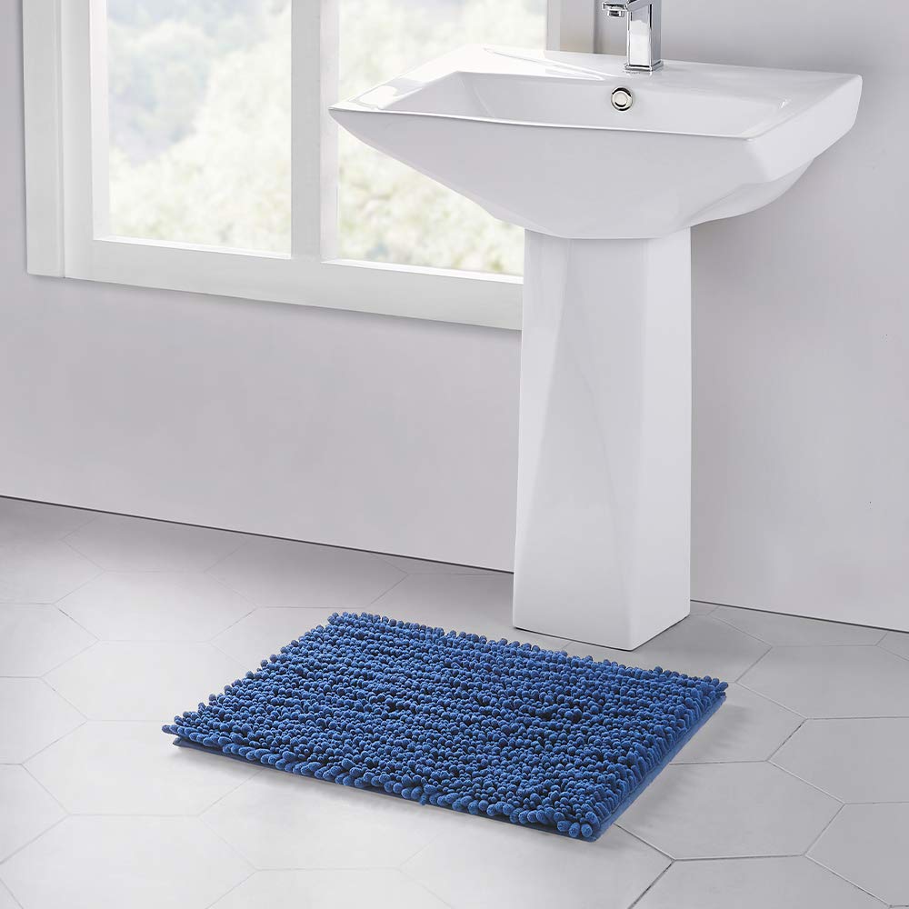 Walensee Bathroom Rug Non Slip Bath Mat (24X17 Inch Dark Blue) Water Absorbent Super Soft Shaggy Chenille Machine Washable Dry E
